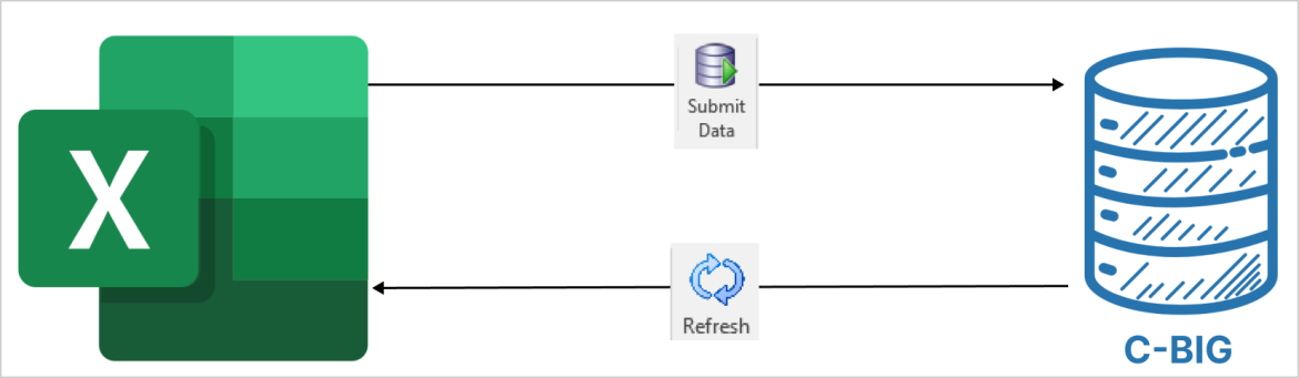 refreshing will pull data from c-big and submitting will push data from excel to c-big